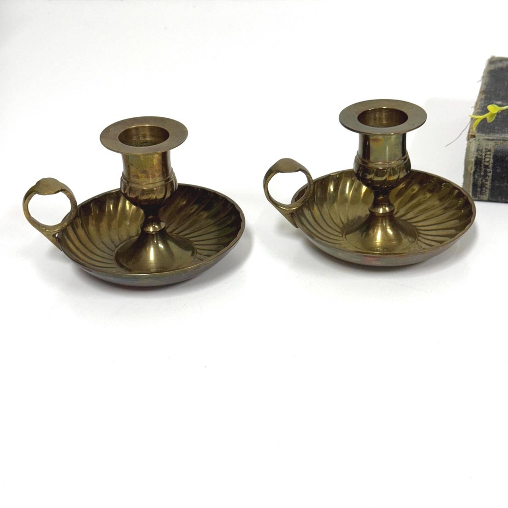 Vintage Brass candlestick set- scalloped chamberstick candle holders